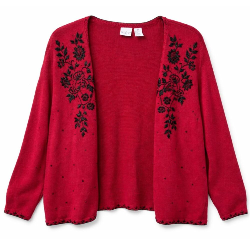 Vintage Red Cardigan 18 Black Floral Embroidered Cottagecore Grandpa Fairygrunge